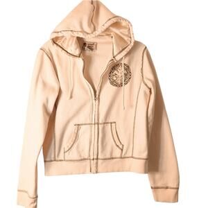 One World Hoodie Zip Jacket Sz M IVORY Fancy Emblem Gold Studs Raver Glam Indie